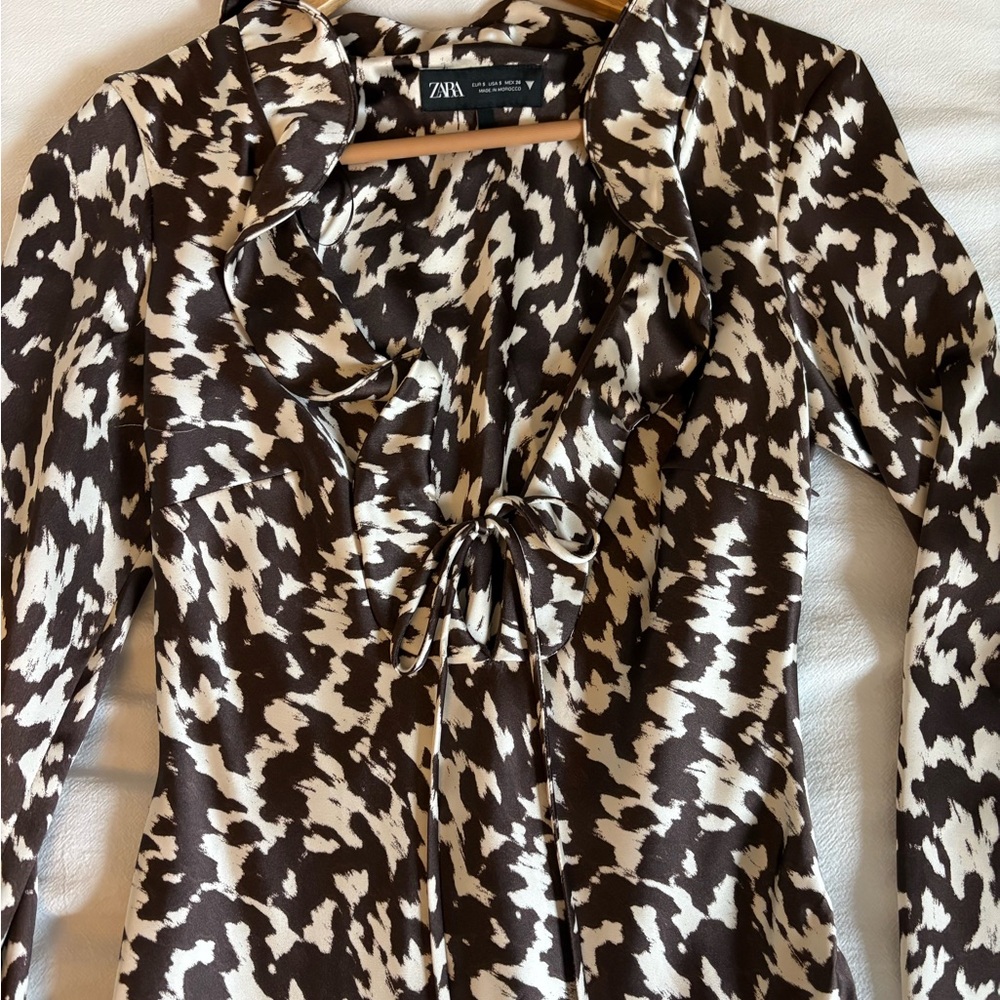 Zara Brown & Cream Animal Print Tie-Front Dress